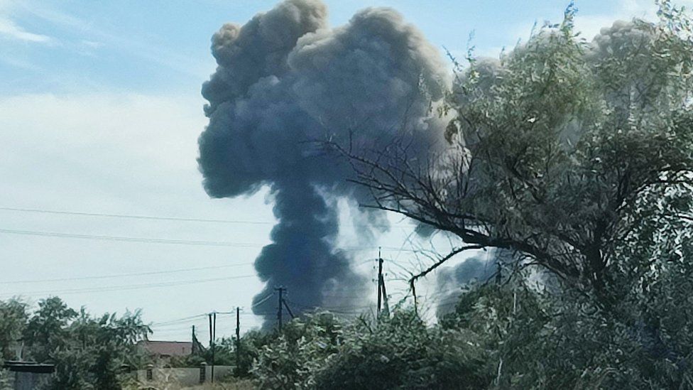 Smoke rises after explosions at the airbase on Tuesday afternoon