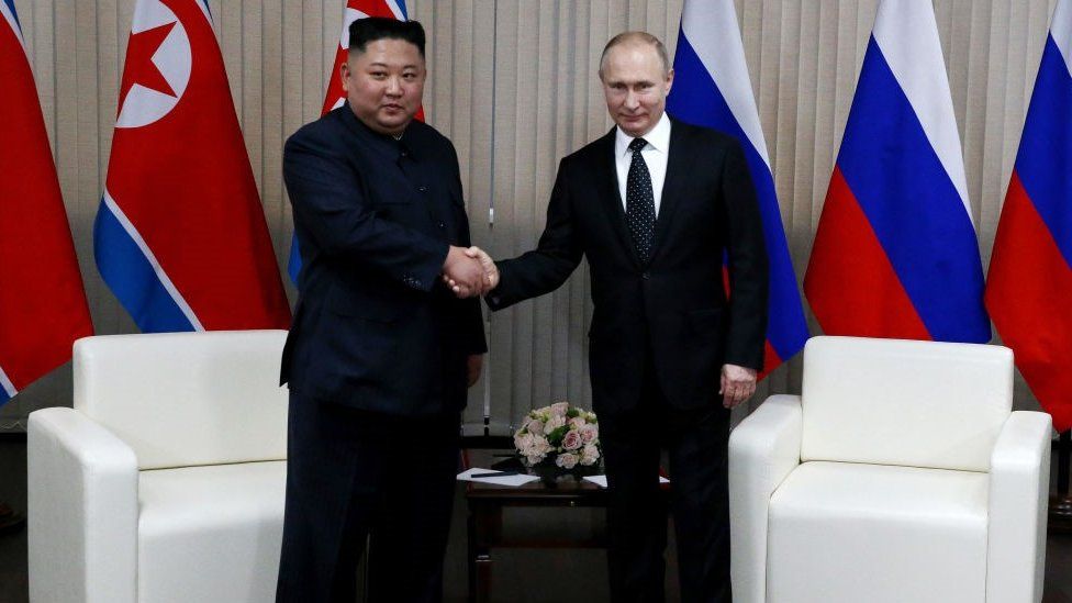 Kim Jong-un and Vladimir Putin in 2019 at a meeting in Russia.