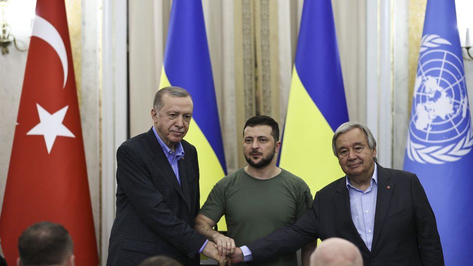 Mr Erdogan (L) met Mr Zelensky (C) and Mr Guterres (R) in the western Ukrainian city of Lviv