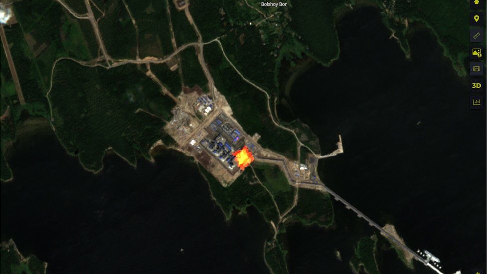 A colourised version of this satellite image captures infrared radiation from the burning of gas at the Portovaya plant