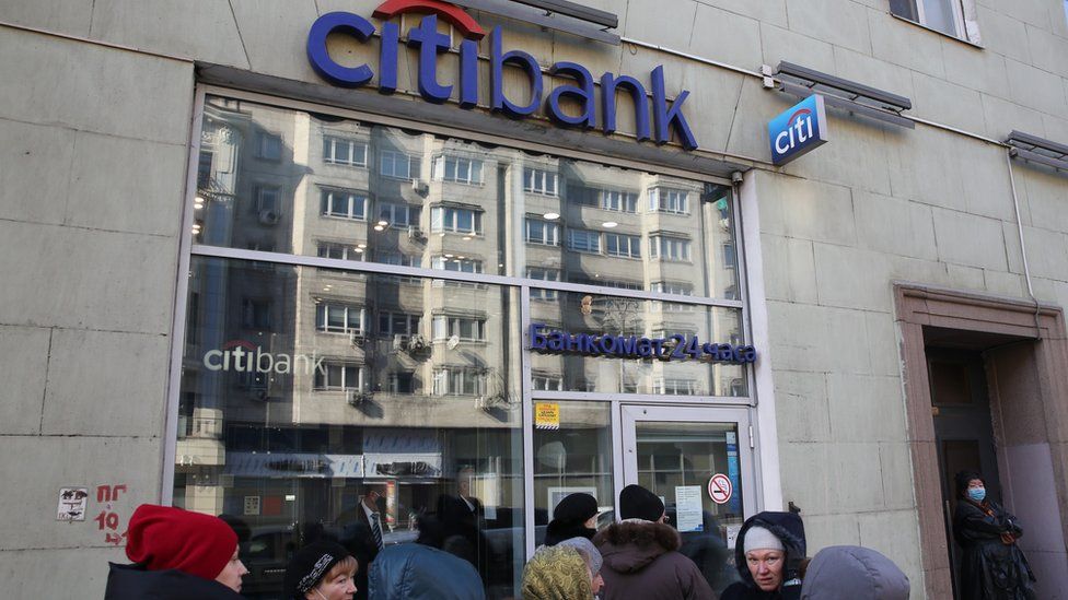 Customers queued outside Citibank Moscow after foreign sanctions on Russia were announced
