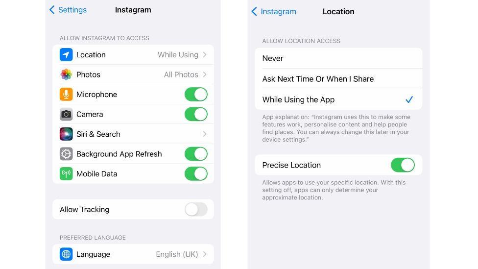 Переключатель точного местоположения отображается в настройках для пользователей, которые позволяют таким приложениям, как Instagram, получать доступ к своему местоположению