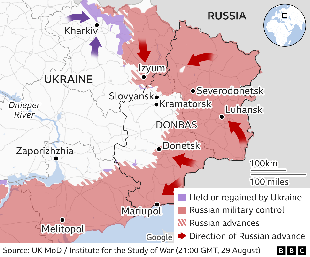 Map showing east Ukraine. 29 Aug