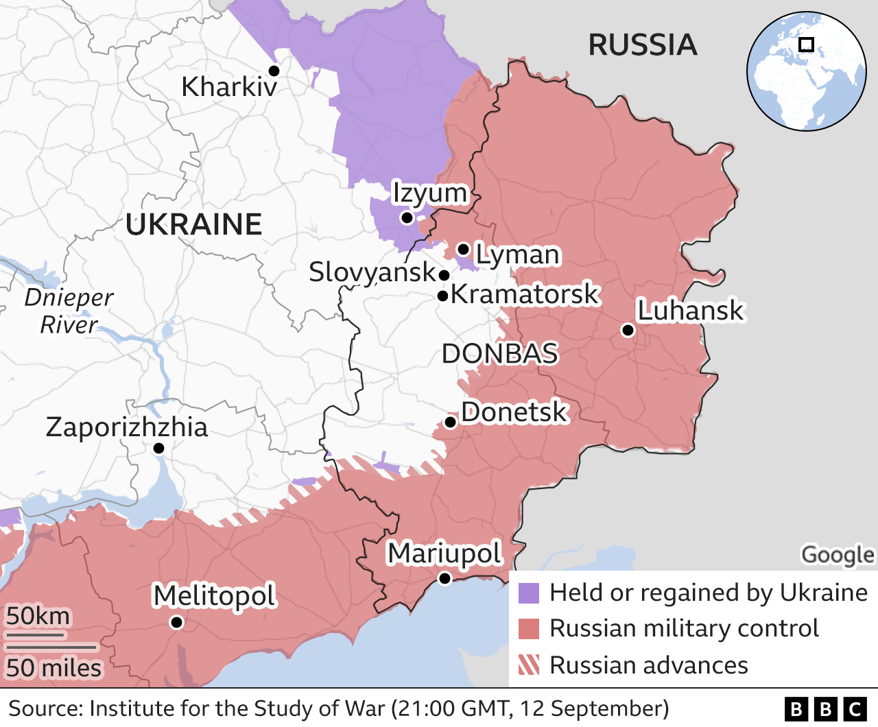 Карта с изображением восточной Украины. Обновлено 13 сентября
