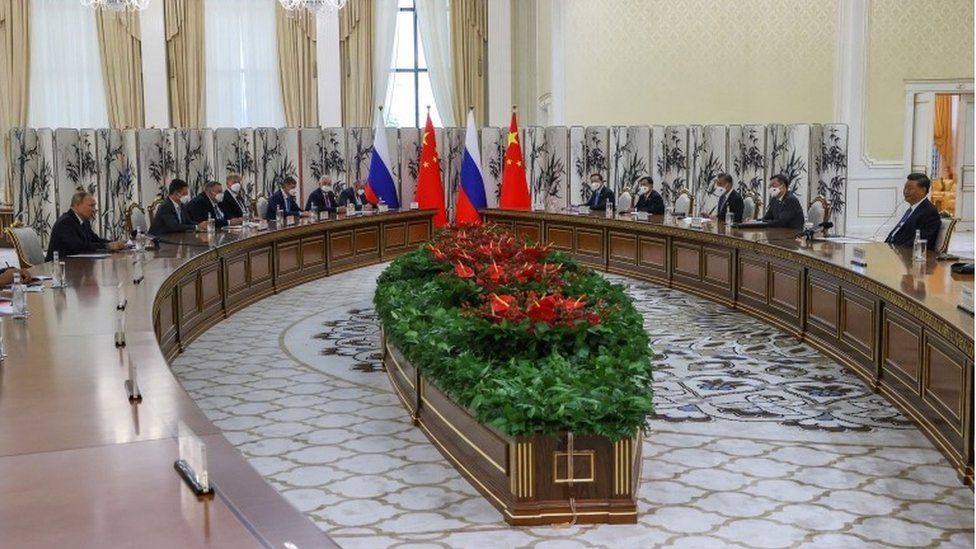 Mr Putin (far left) and Mr Xi (far right) met at the Shanghai Cooperation Organisation summit in Samarkand