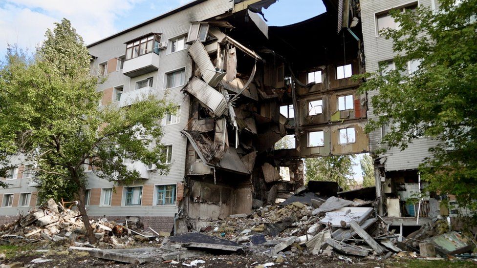 An apartment block damaged by shelling in Bakhmut