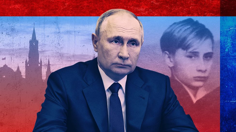 Montage of Vladimir Putin now and as a boy