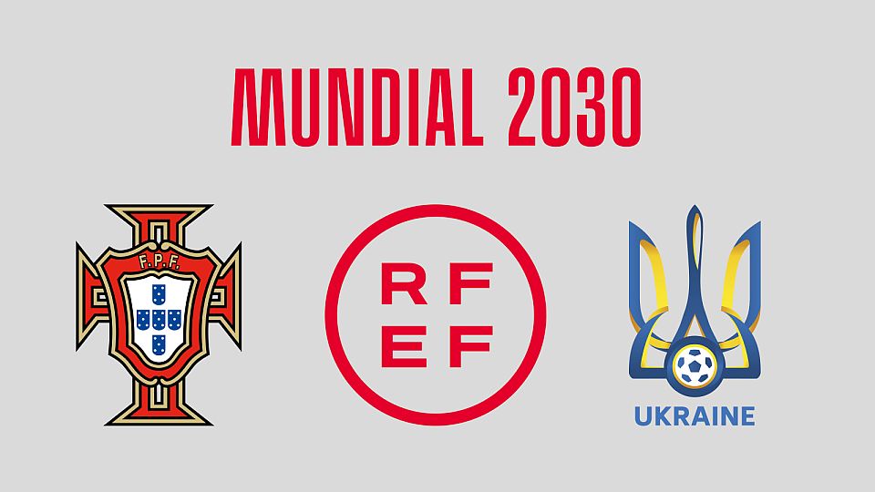 A graphic showing the logos of the Portuguese Football Federation, Spanish Football Federation and Ukrainian Football Association to mark their 2030 World Cup bid
