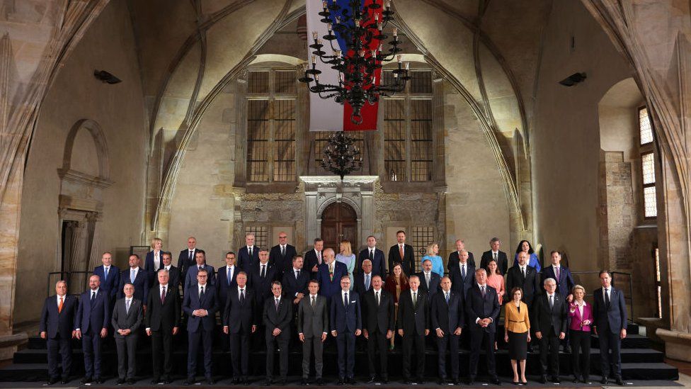 Among the European leaders taking part were Liz Truss (top left) and Turkey's Recep Tayyip Erdogan (bottom row, 7th from the right)