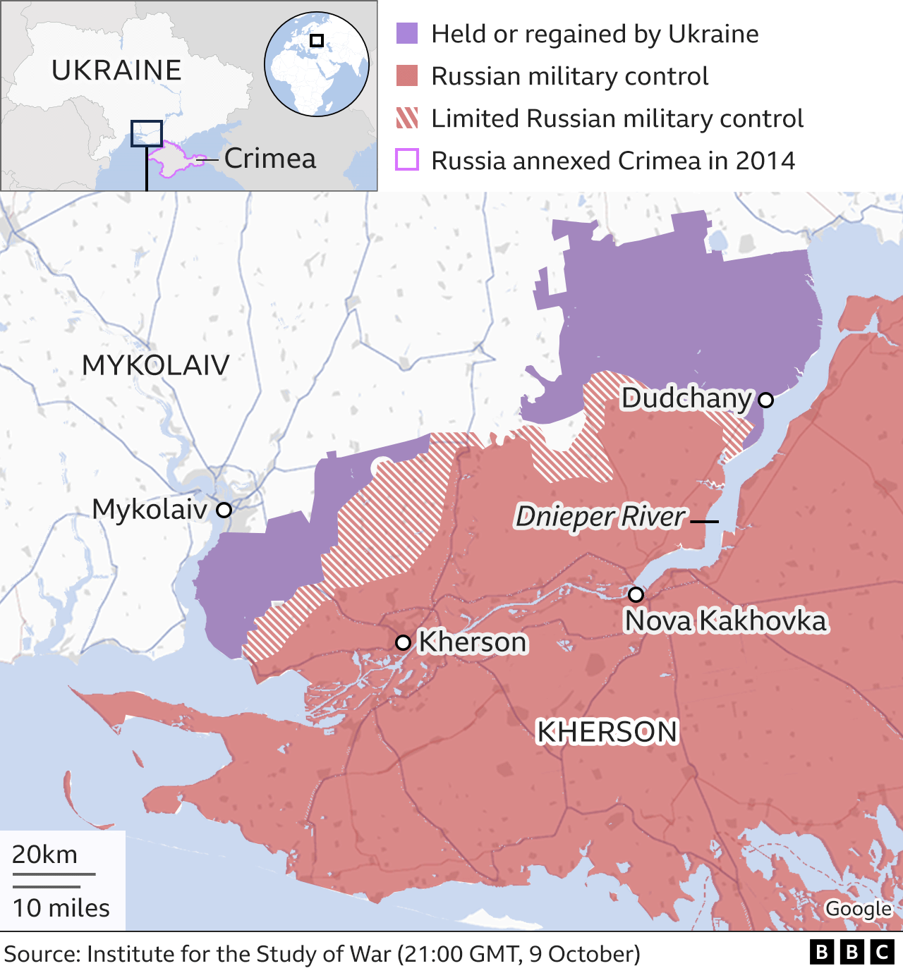 Карта с крупным планом Херсонской области в Украине