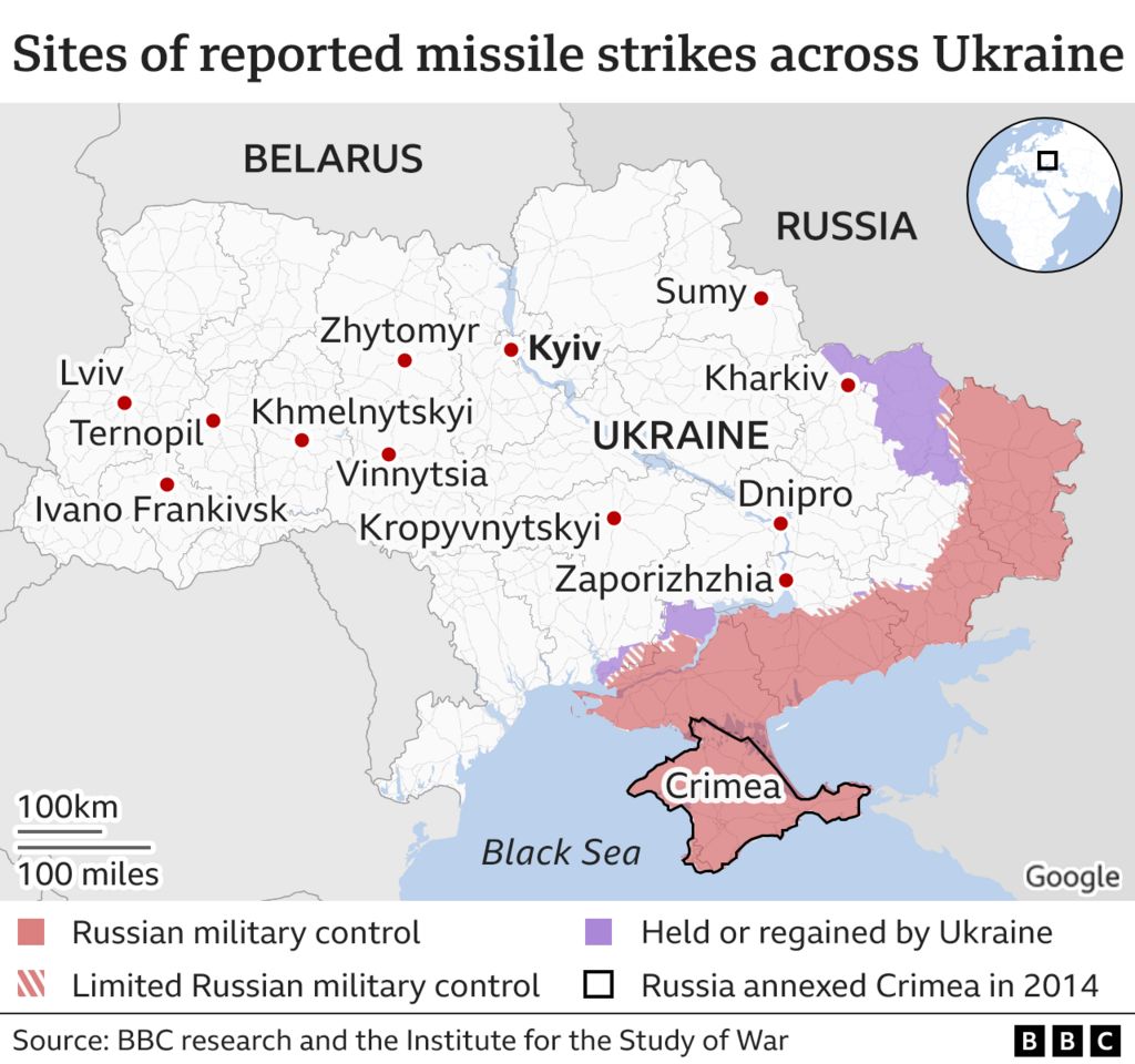 Map showing sites of reported explosions across Ukraine