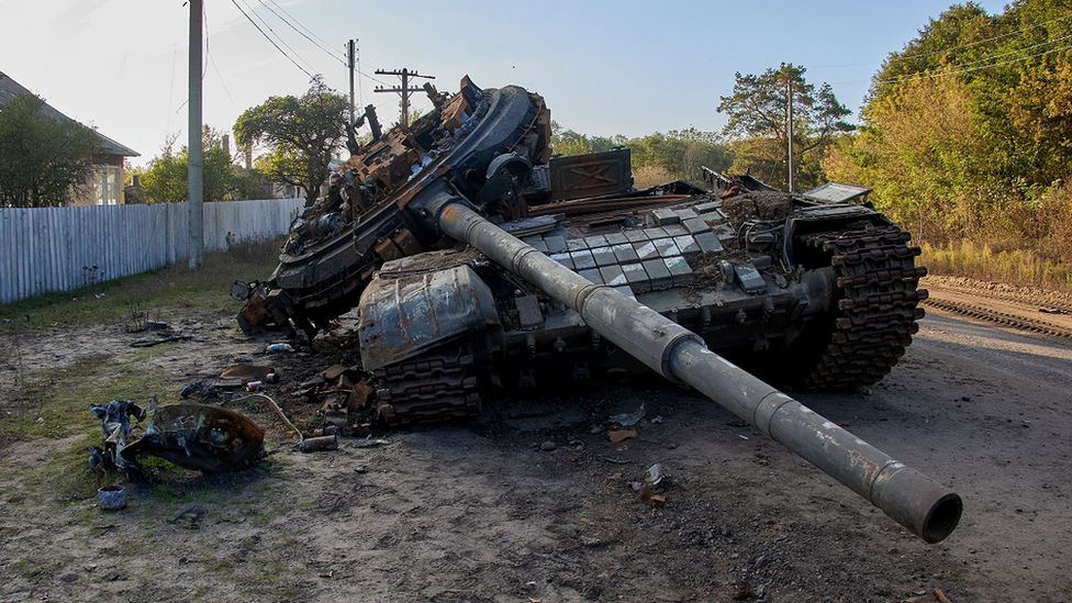 A destroyed tank near Izyum in the Kharkiv area of Ukraine