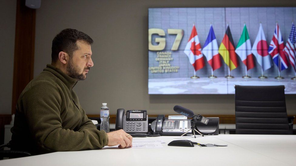 Ukrainian President Volodymyr Zelensky during the video conference with G7 leaders