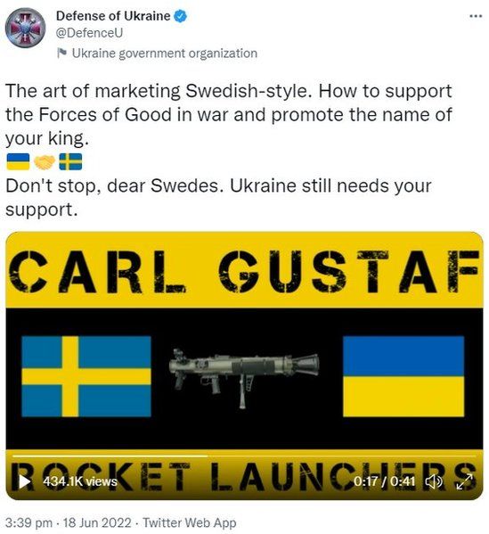 Defense of Ukraine - video tweet thanking Sweden