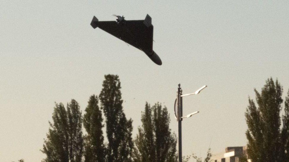 A drone seen in Kyiv on Monday
