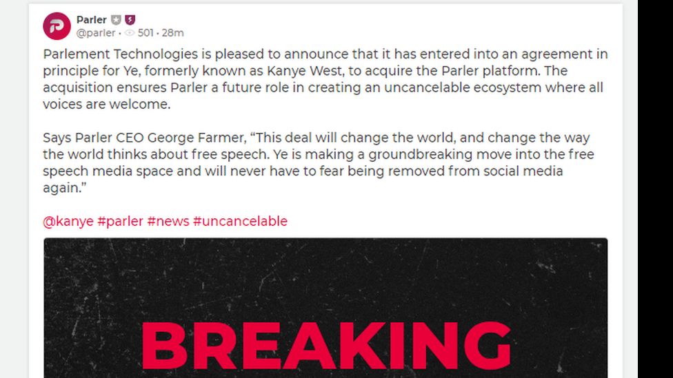 Chief executive George Farmer announced the agreement on Parler