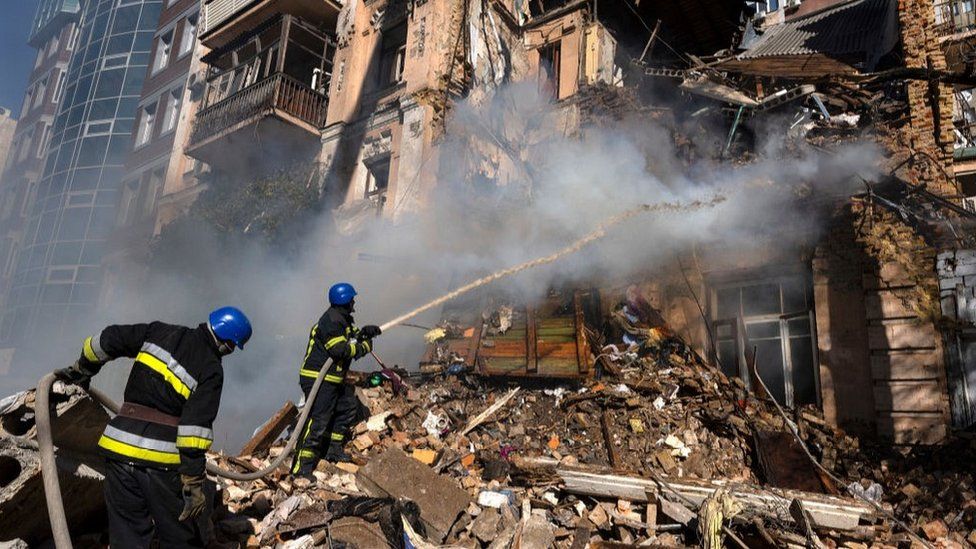 The wreckage of a Kyiv block of flats hit by a Russian drone