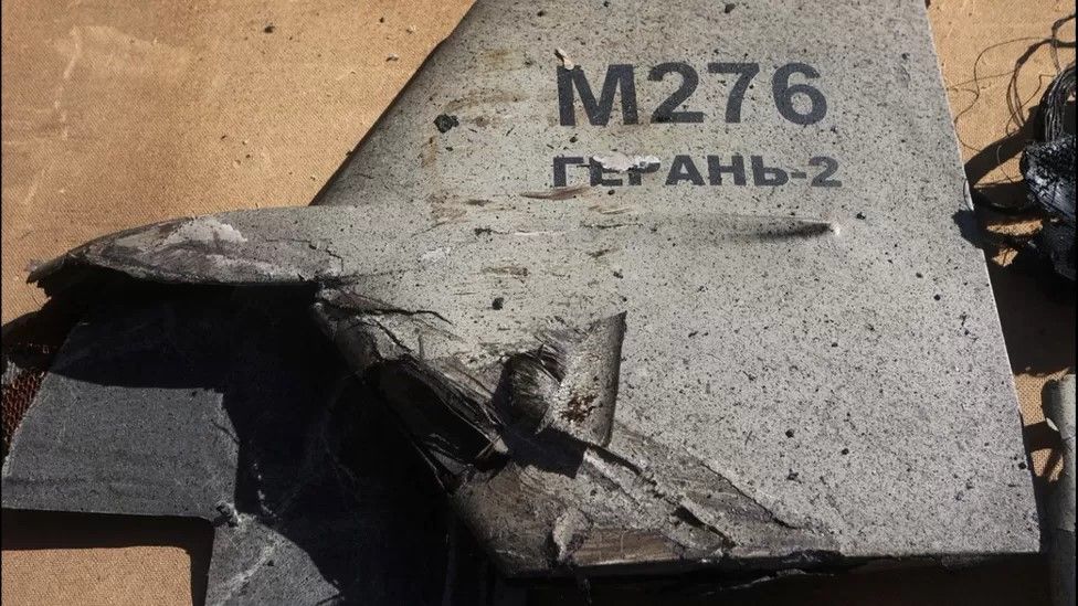 Wreckage of an Iranian kamikaze drone shot down by Ukrainians