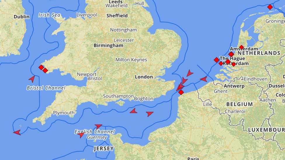 LNG tanker traffic is busier than usual at the moment. The red squares show the locations of ships
