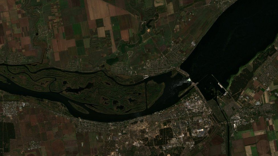 This 18 October image shows how much of the surrounding area to the west would be submerged if the dam were destroyed