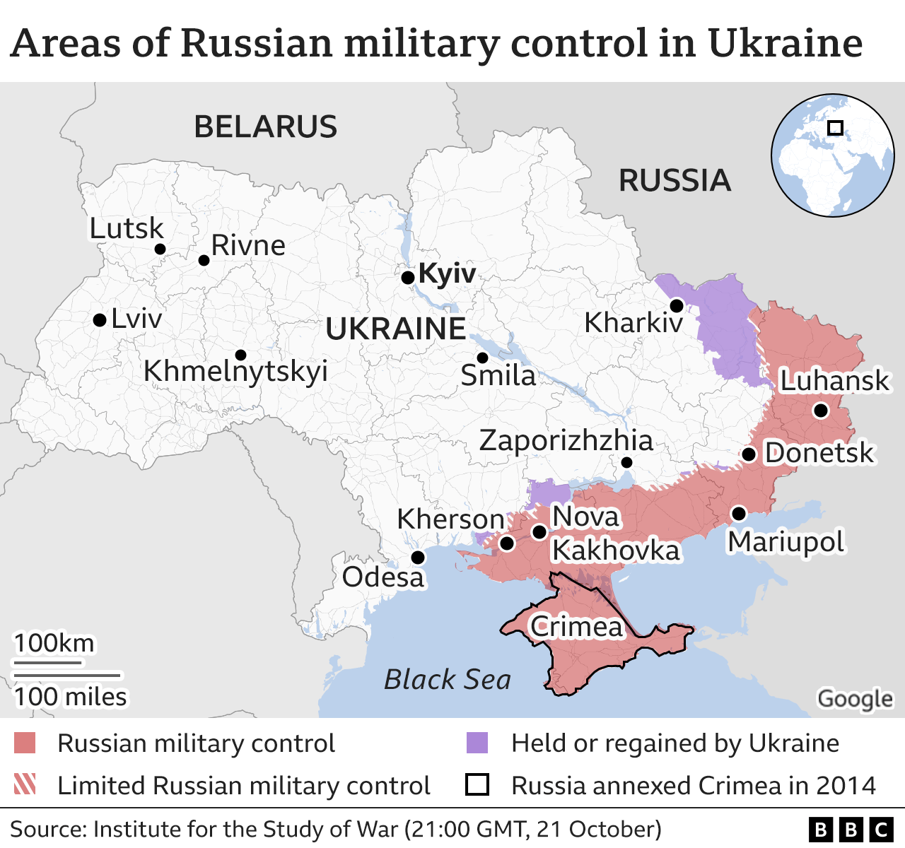 Карта, показывающая зоны зоны российского военного контроля в Украине
