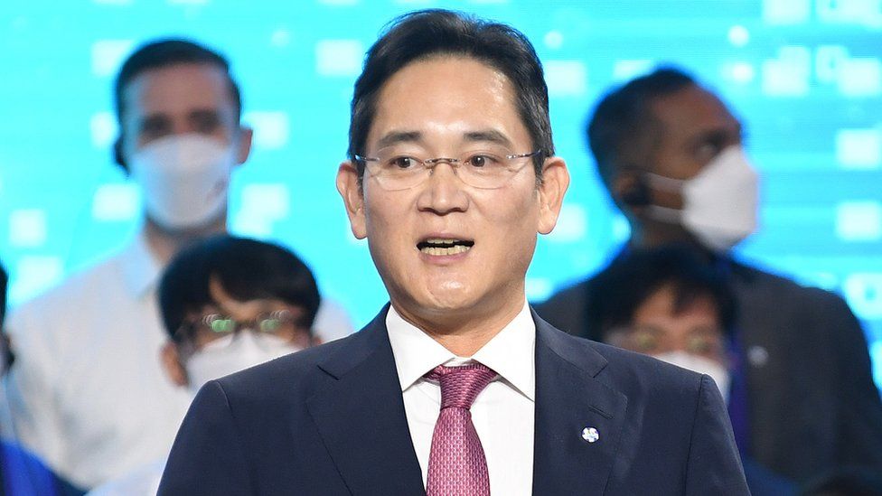 Lee Jae-yong speaks during a visit to the Samsung Electronics Pyeongtaek campus by US President Joe Biden visit on May 20, 2022 in Pyeongtaek, South Korea.
