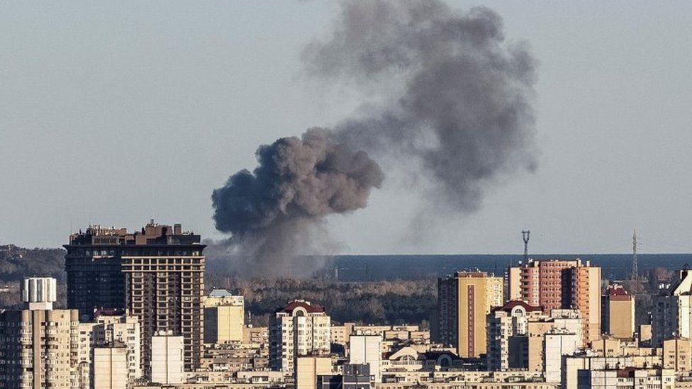 Smoke rises on the outskirts of Ukraine's capital Kyiv after Russian missile attack