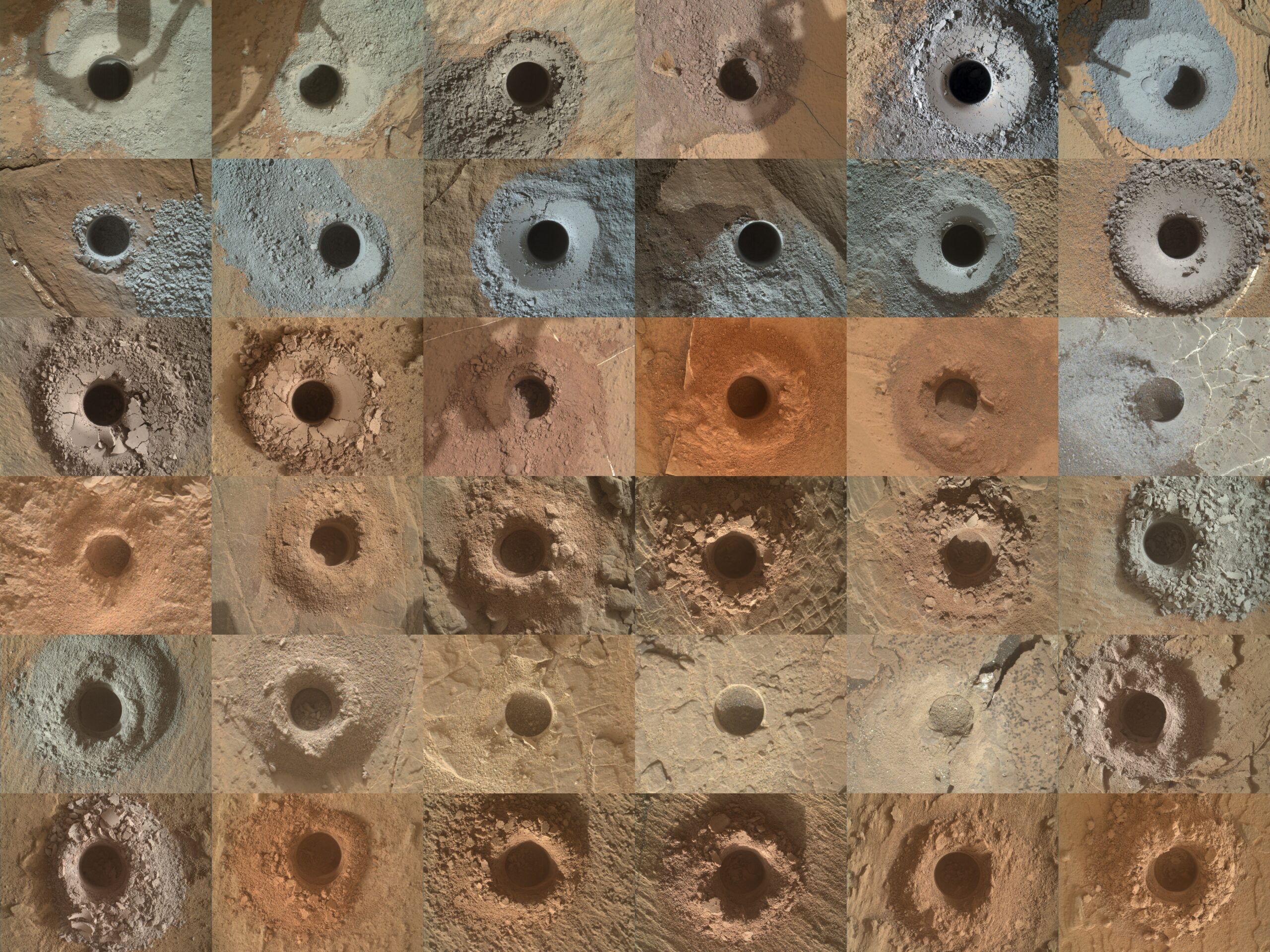 36 отверстий, просверленных марсоходом Curiosity: Эта сетка показывает все 36 отверстий, просверленных марсоходом НАСА Curiosity с помощью бура на конце роботизированной руки. Марсоход анализирует порошкообразную породу, образовавшуюся в результате бурения. Изображения в сетке были сделаны марсоходом Mars Hand Lens Imager (MAHLI) на конце манипулятора Curiosity.