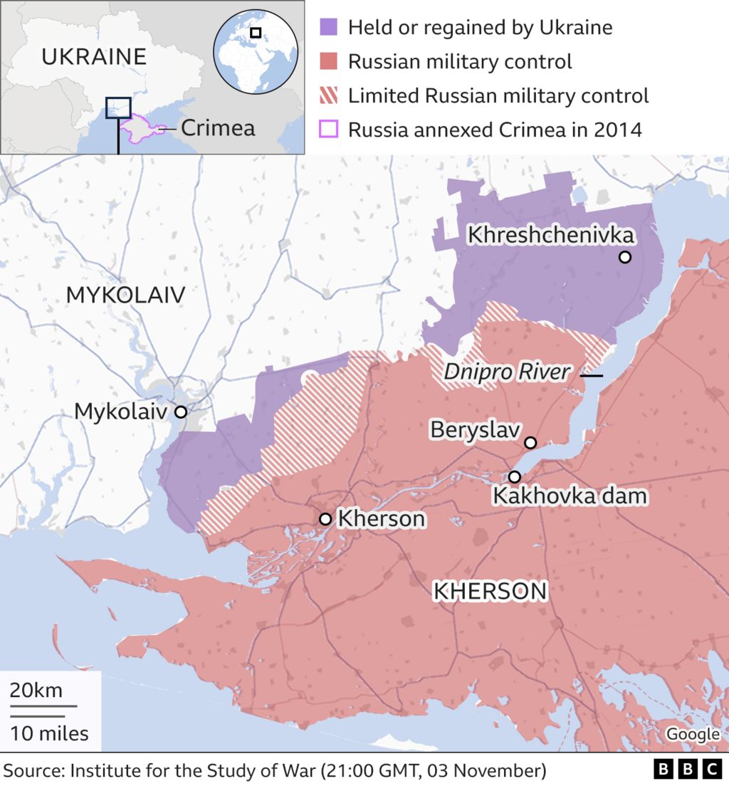 Карта, показывающая территории, контролируемые украинскими и российскими силами в Херсоне и его окрестностях