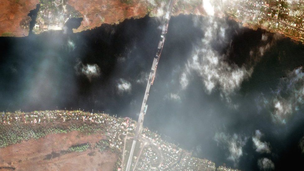 Satellite imagery from the firm Maxar Technologies has recorded damage to a bridge leading out of Kherson - although it is not clear what caused this
