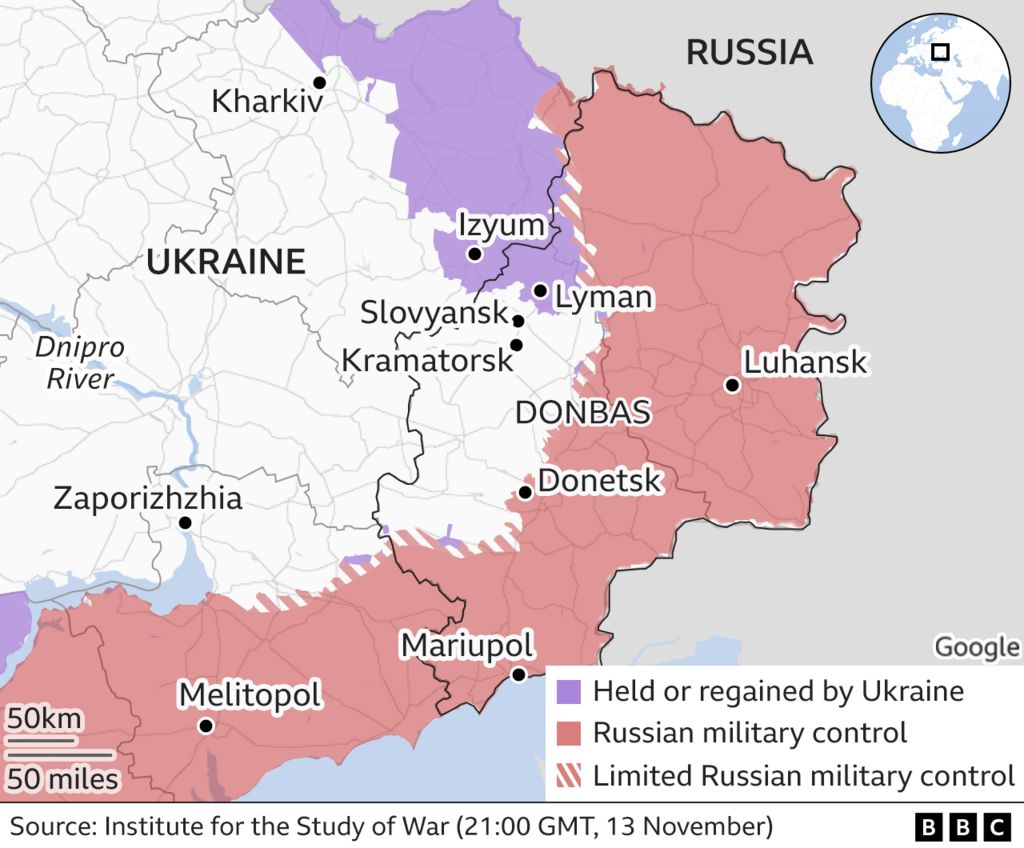 Map of eastern Ukraine showing areas of control, updated 13 Nov
