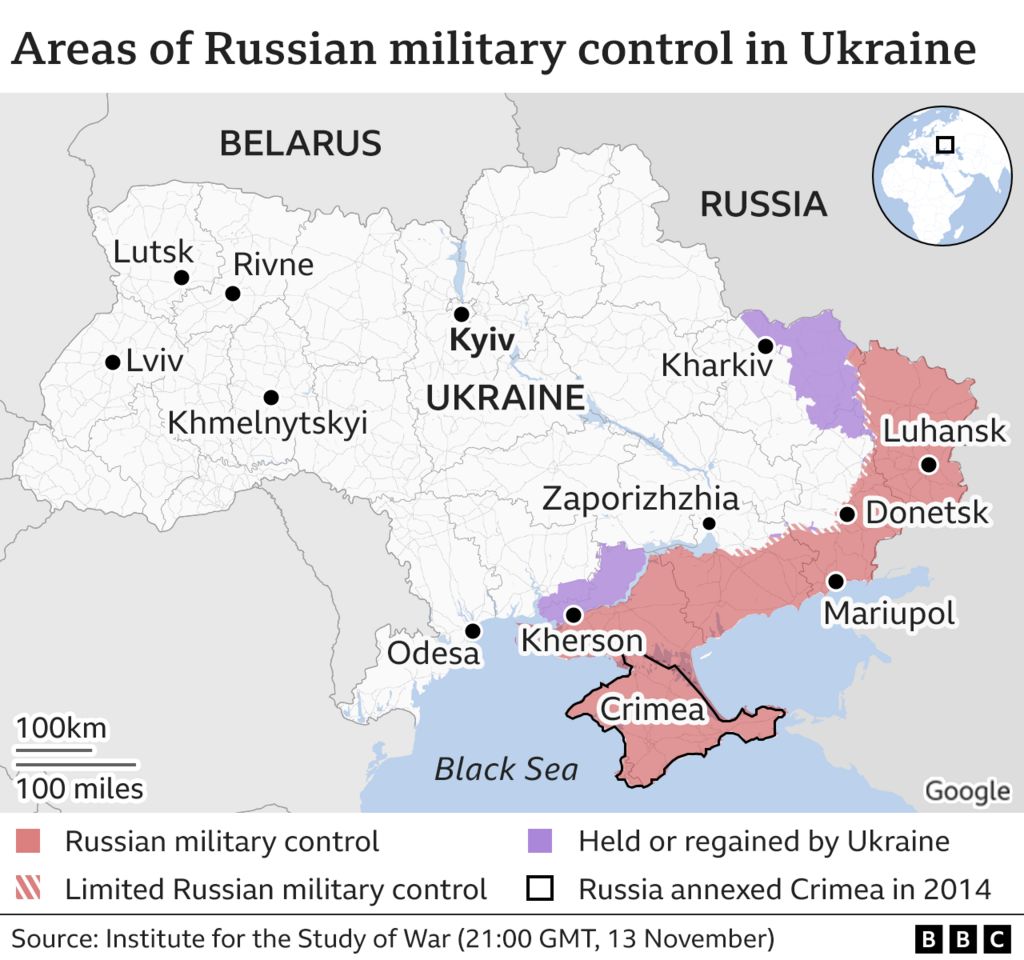 Map showing areas of Russian control in Ukraine, updated 13 Nov