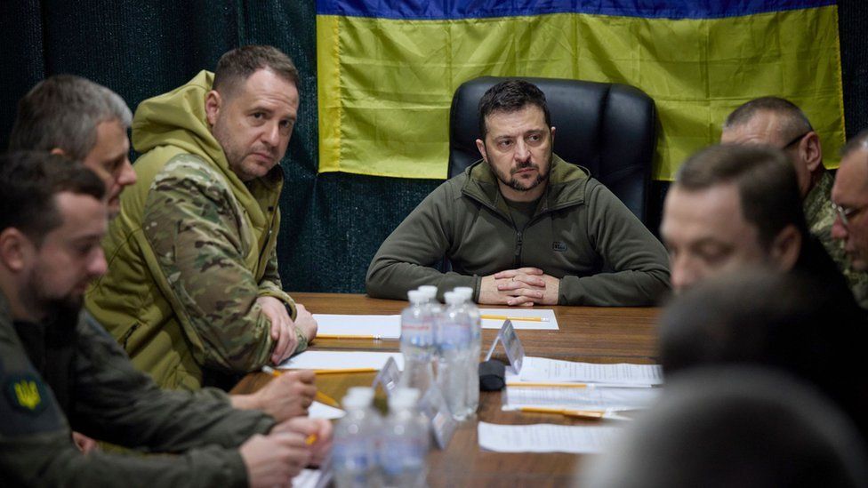 Ukraine President Volodymyr Zelensky meets with military authorities in the recaptured city of Kherson