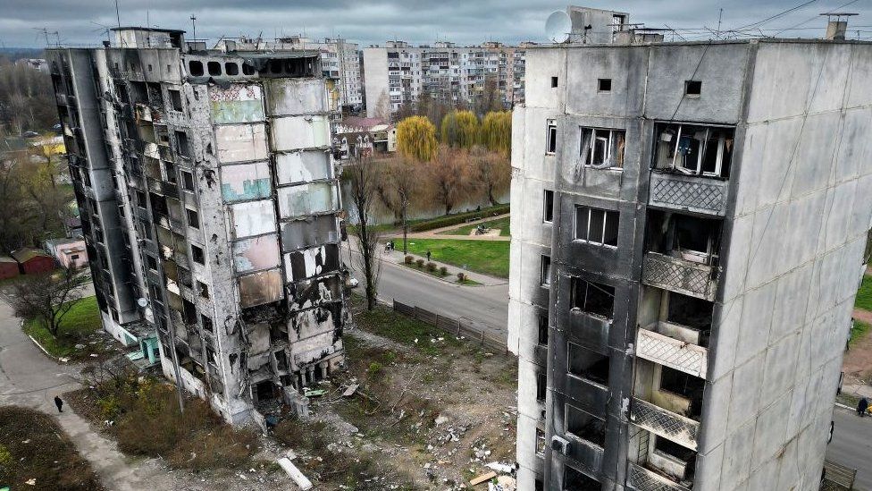 Destroyed buildings in Borodyanka, Ukraine