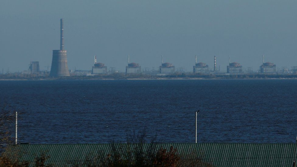 The Zaporizhzhia plant as seen from the Ukrainian-held bank of the Dnipro