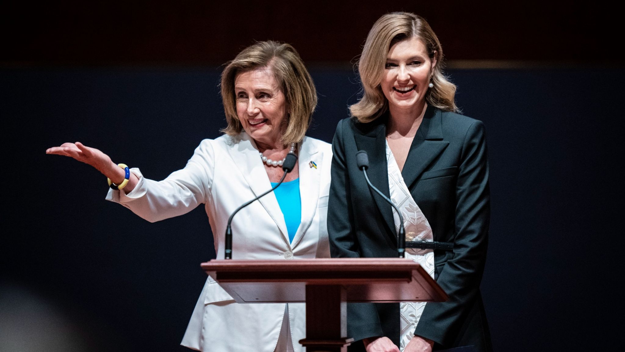 Olena Zelenska - pictured with House speaker Nancy Pelosi - never liked public speaking