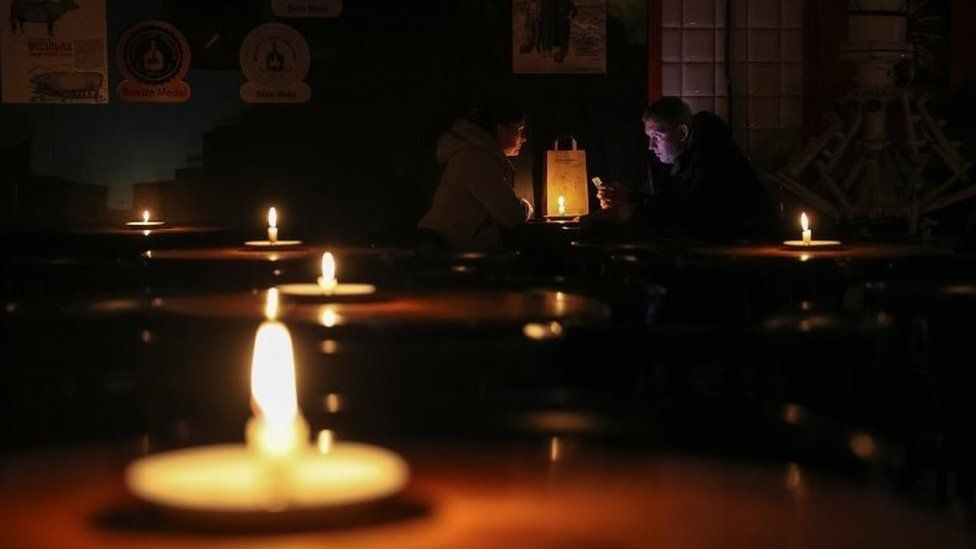 This pub in the western Ukrainian city of Lviv was lit by candles on Thursday