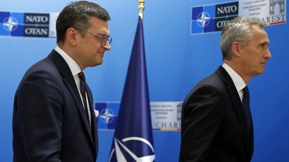 Ukrainian Foreign Minister Dmytro Kuleba (left) told Nato's boss Jens Stoltenberg that weapons were needed "faster, faster and faster"
