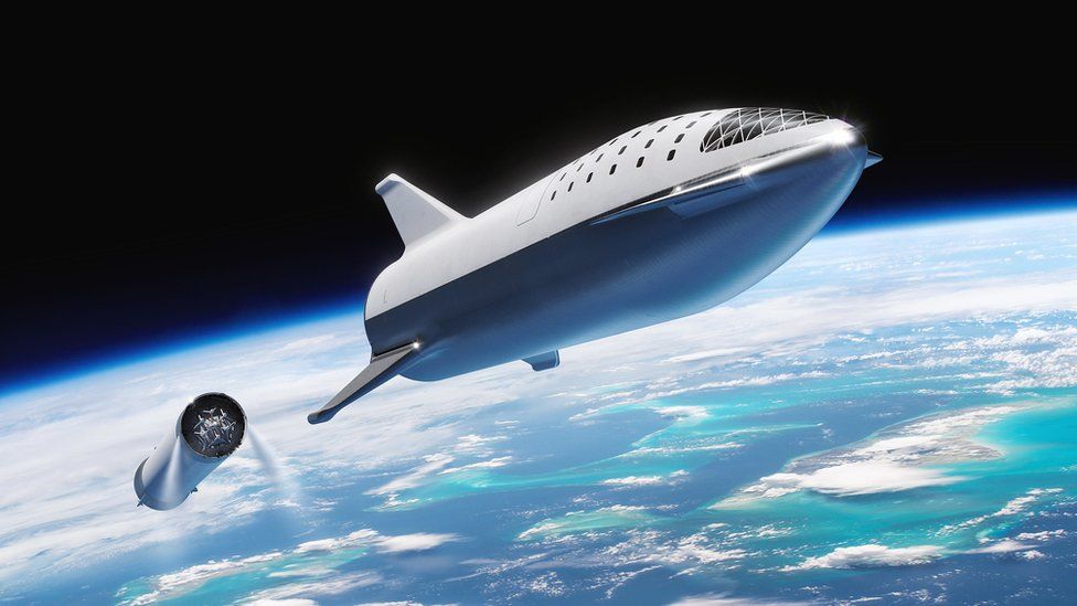 A SpaceX picture of the Starship spacecraft that the artists would travel on