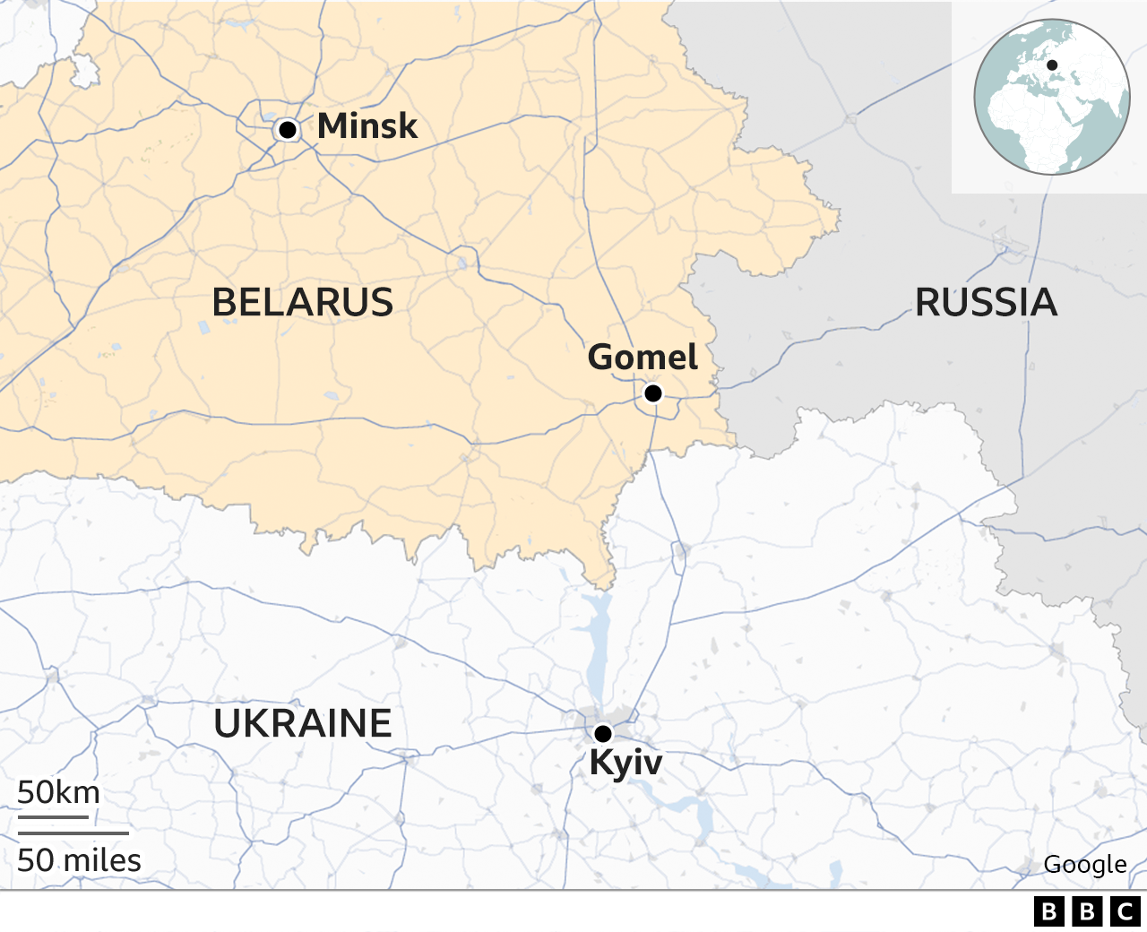 Map of Belarus, Ukraine and Russia