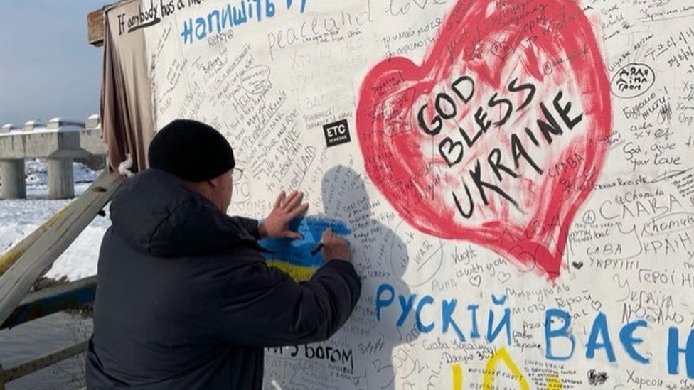 The archbishop left a message on a wrecked bridge covered in messages with support for Ukraine