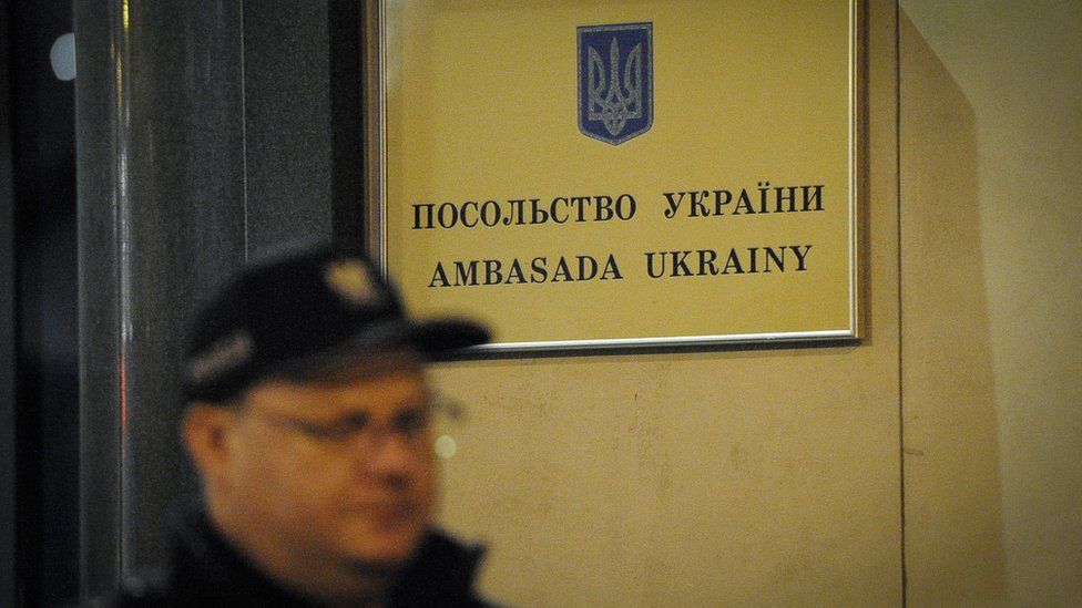A file photo from 2018 of the Ukrainian Embassy in Warsaw, Poland