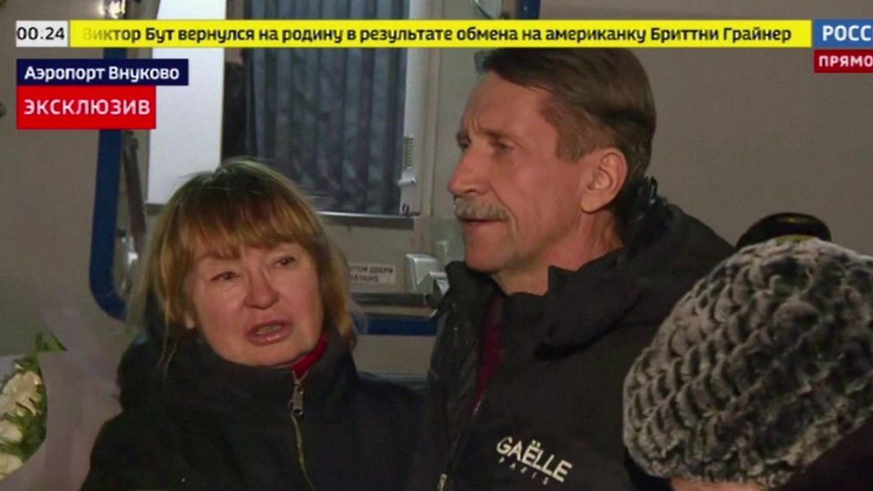 Russian state TV showed images of Viktor Bout being reunited with his family in Moscow last week