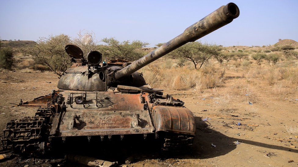 A tank destroyed in fighting between the Ethiopian National Defence Force (ENDF) and the Tigray People"s Liberation Front (TPLF)