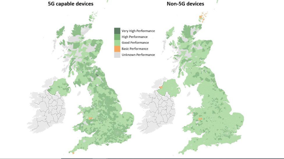 Combined operator performance comparing 5G and non-5G devices. Ofcom analysis of Opensignal data.
