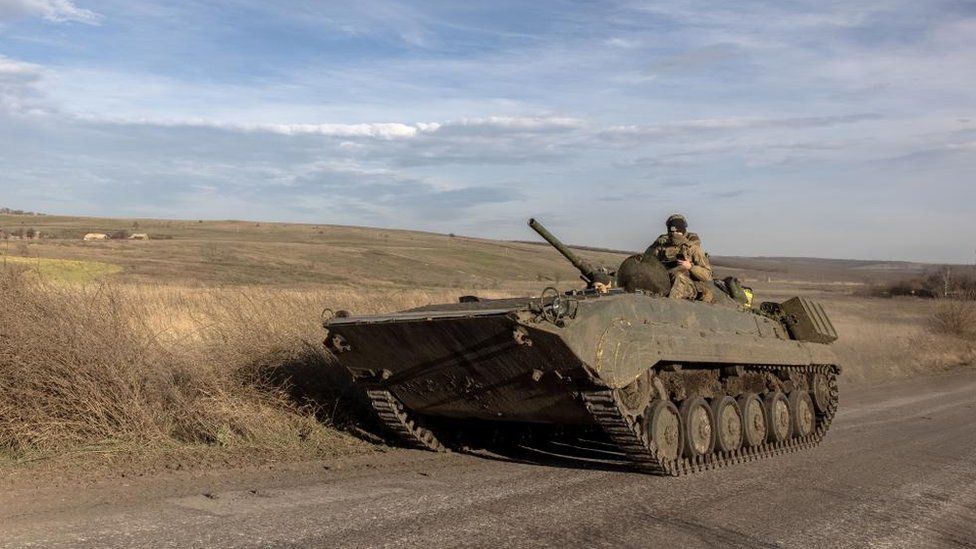 Ukrainian servicemen near Bakhmut, in the Donetsk region, where heavy fighting has been taking place