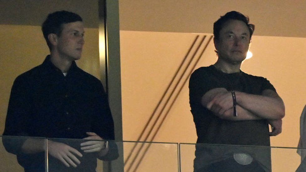 Elon Musk (right) at the World Cup final, alongside Jared Kushner