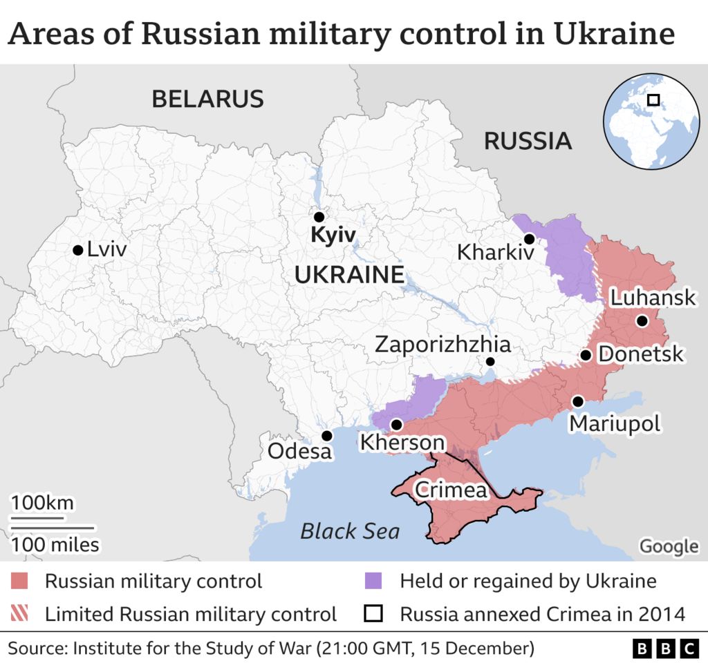 Map showing areas controlled by Russia in Ukraine