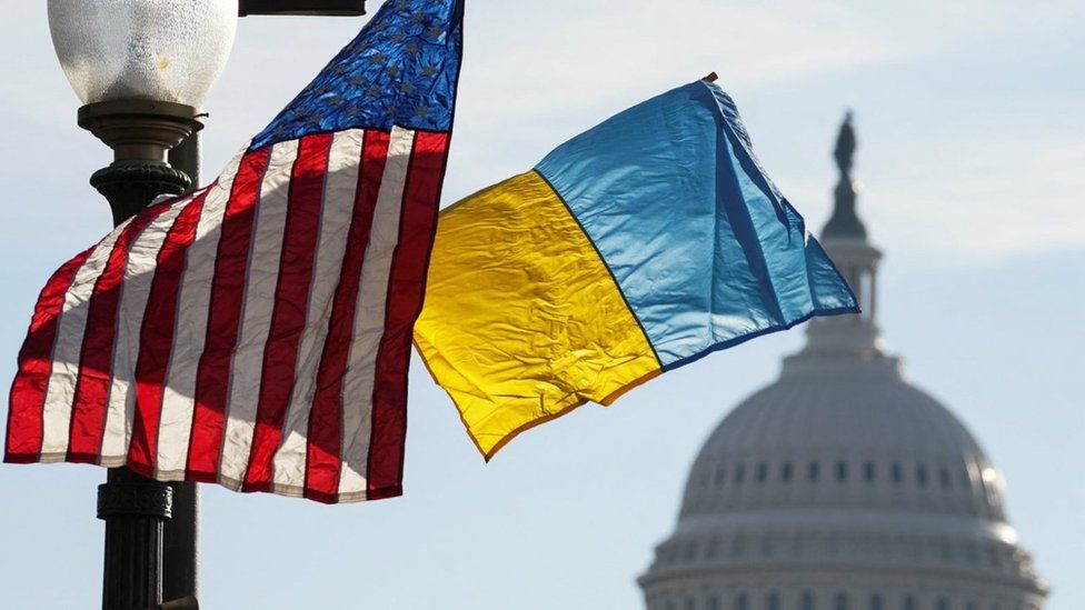 Ukrainian and US flags were flown along Pennsylvania Avenue leading to the US Capitol on Wednesday