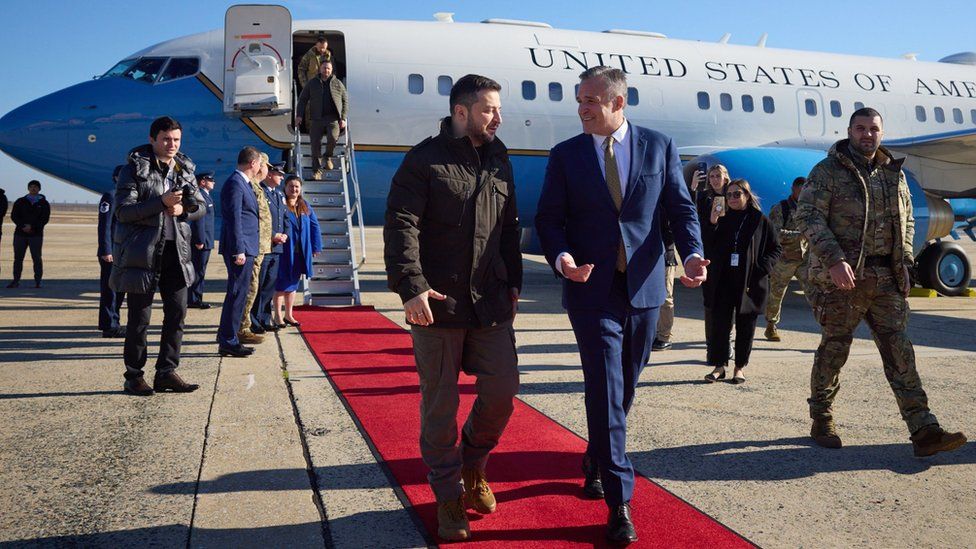 Zelensky was greeted off the plane by the Ukrainian ambassador and US Chief of Protocol Rufus Gifford